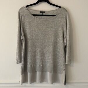 Eileen Fisher Linen Blend Knit Tunic Top Gray L Minimalist Lagenlook Silk Trim